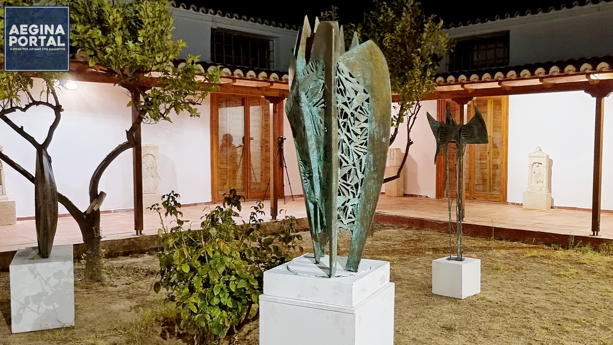 Sculptures by Constantine Andreou in the courtyard of the Archaeological Museum of Aegina.
