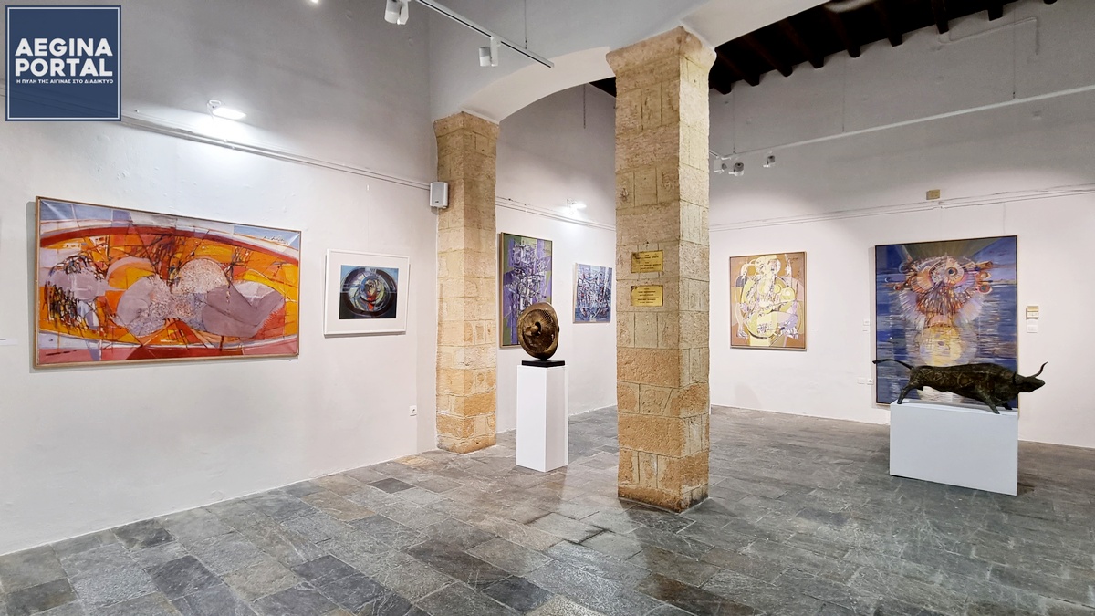 Paintings and sculpture by Constantine Andreou on display at the Folklore Museum of Aegina.